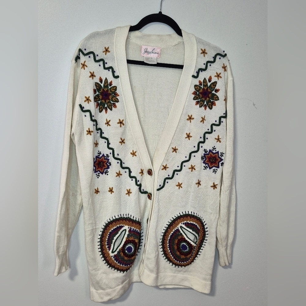 Vintage Jocelyn Smith Embroidered Cream Cardigan Sweater Large